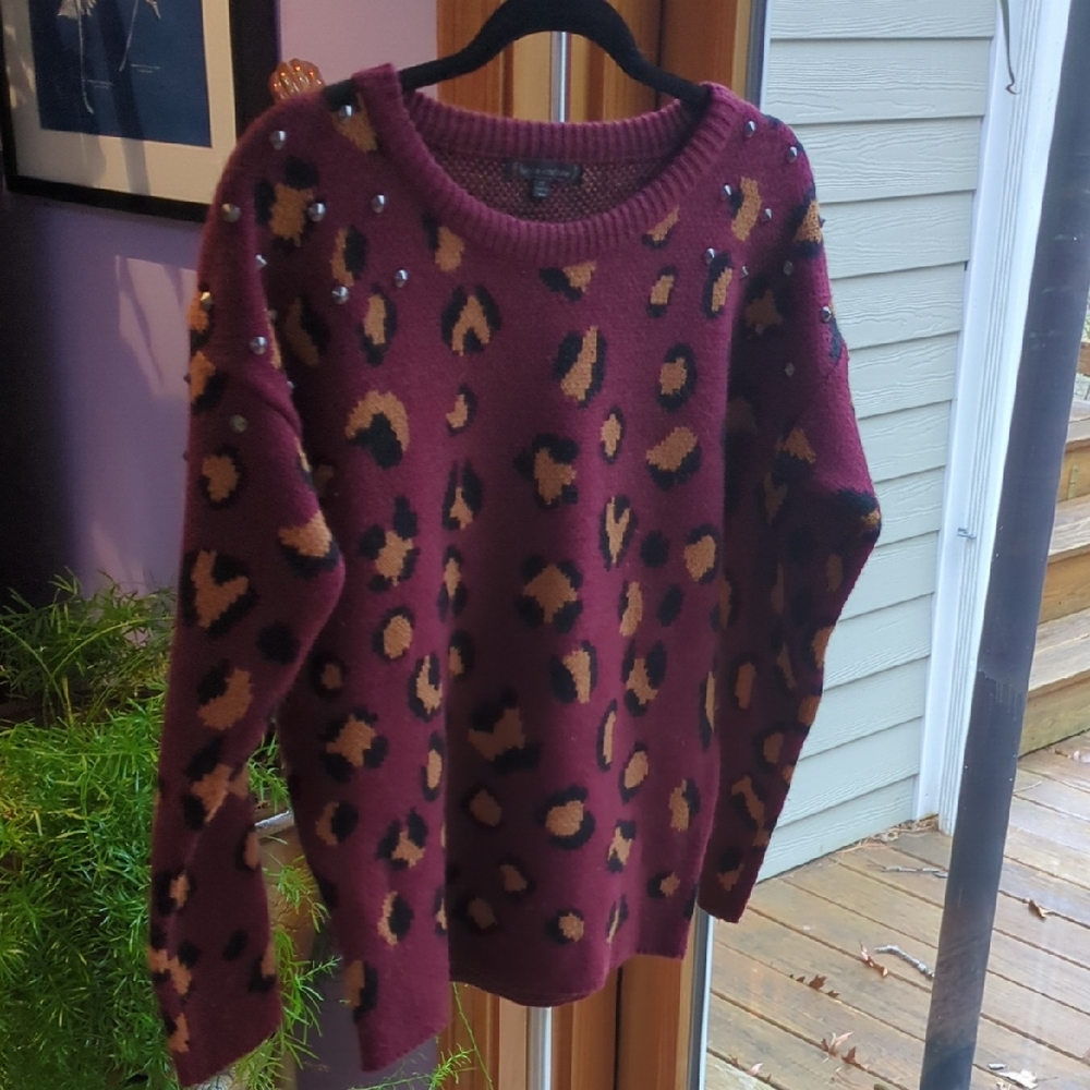 Lucca Couture Animal Print And Studded Sweater in Burgundy and Tan and Black